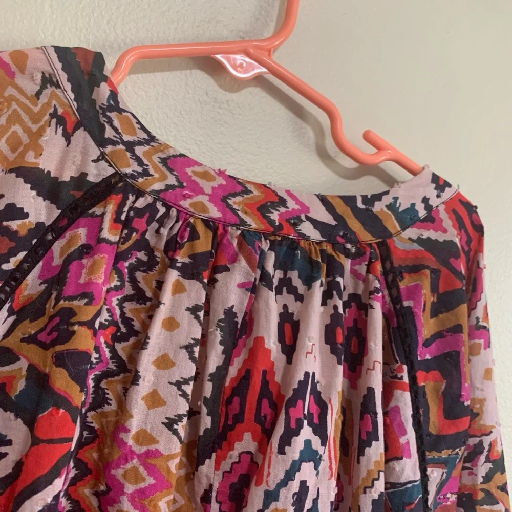 ZARA Boho Tunic Dress L Ikat Tribal Print Long Sleeve Button Cuff - Picture 10 of 15